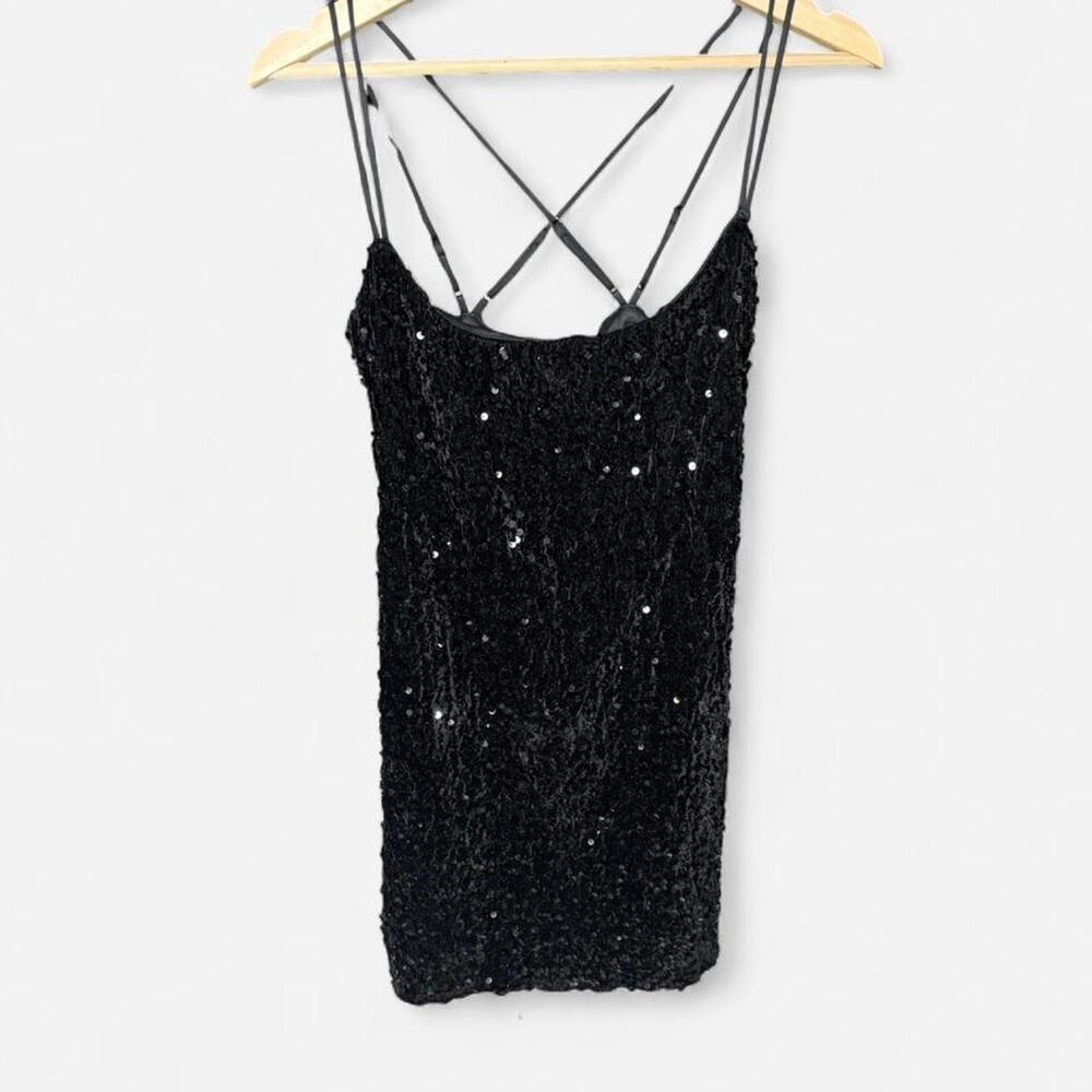 Lucy in the Sky Black Sequin Mini Dress - Lace Up Back - Size L